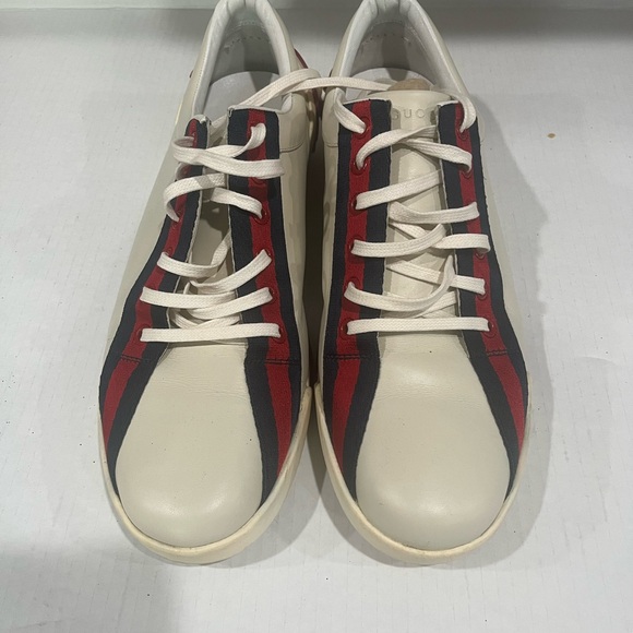 GUCCi Boulevard White Leather Web Stripe Cursive Sneakers Sz 9.5 - Picture 1 of 16